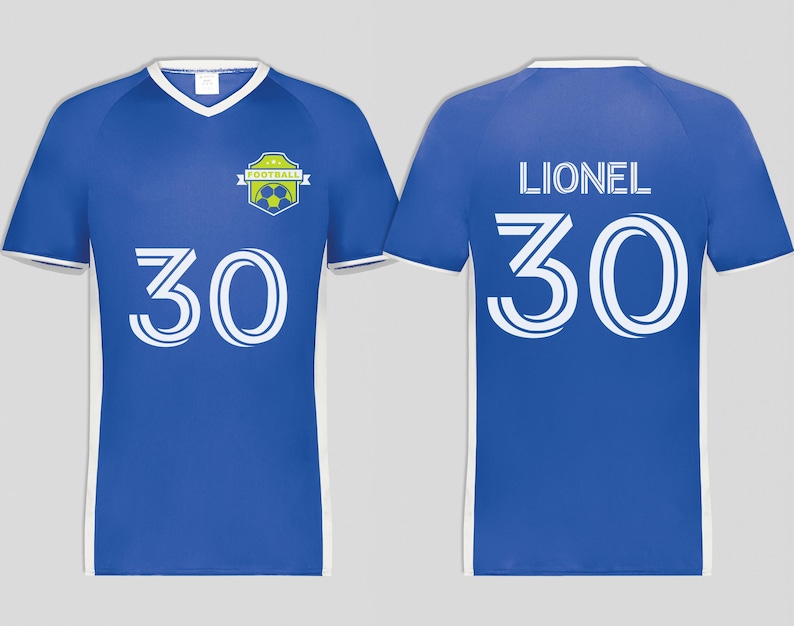 May include: A blue soccer jersey with white trim and a V-neck collar. The number "30" is prominently displayed on the front and back. The back of the jersey also features the name "LIONEL". A team logo is on the front.