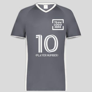 May include: Gray athletic jersey with white trim and a V-neck collar. The jersey features the number 10 in white, with the text "(PLAYER NUMBER)" below it. The upper right corner has a white box with the text "TEAM LOGO HERE".