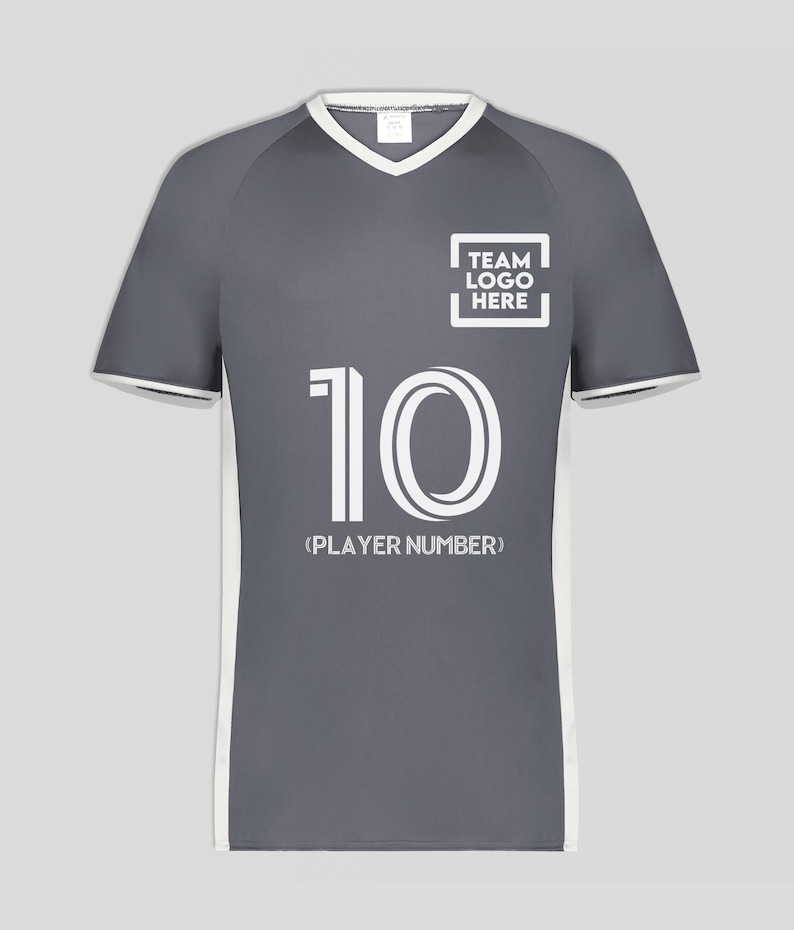 May include: Gray athletic jersey with white trim and a V-neck collar. The jersey features the number 10 in white, with the text "(PLAYER NUMBER)" below it. The upper right corner has a white box with the text "TEAM LOGO HERE".