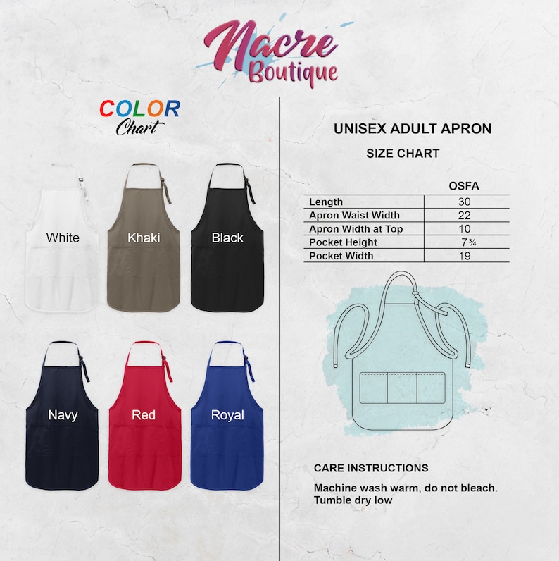 Puede incluir: Tabla de tallas de delantal unisex para adultos con medidas en pulgadas. Los colores del delantal incluyen blanco, caqui, negro, azul marino, rojo y azul real. Instrucciones de cuidado: Lavar a m&aacute;quina con agua tibia, no usar lej&iacute;a. Secar en secadora a baja temperatura.