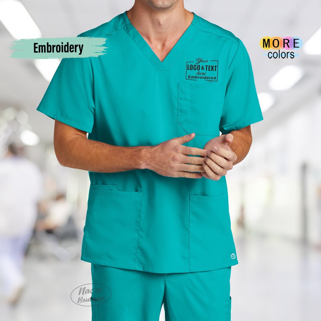Custom Embroidered Scrub Men V Neck, Workflex Chest Pocket V Neck Top