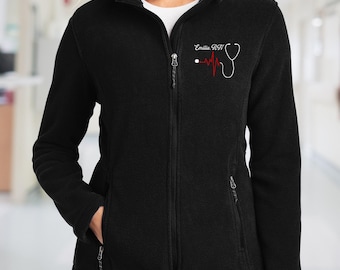 Custom Embroidered Nurse Fleece Jacket, Medical Scrub Jacket, Embroidered Full Zip Nurse Jacket, Embroidery Heart Stethoscope Jacket (L217)