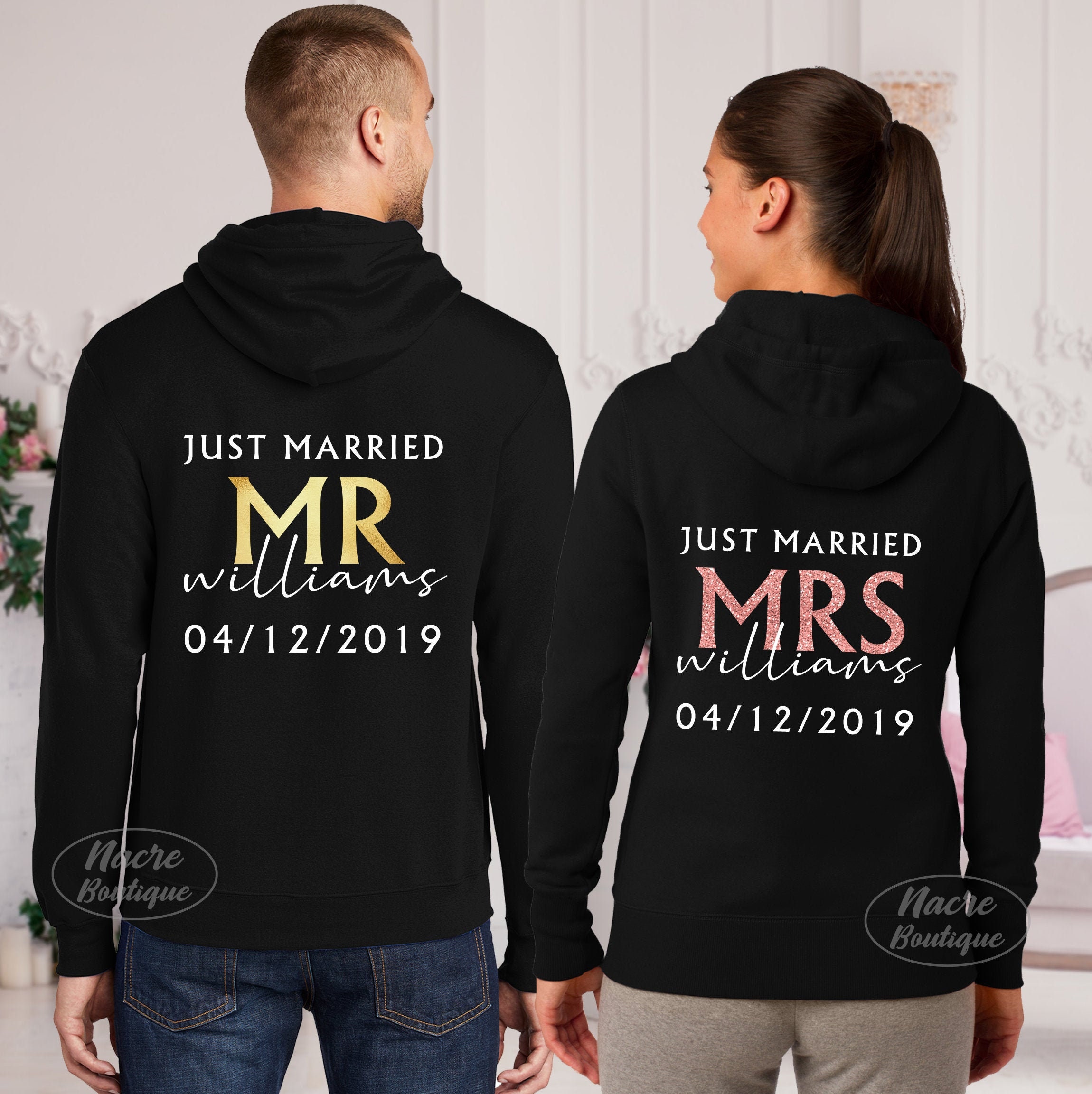 Mr & Mrs Personalised Just Married Honeymoon Hoodie Hoody Set Wedding Gift