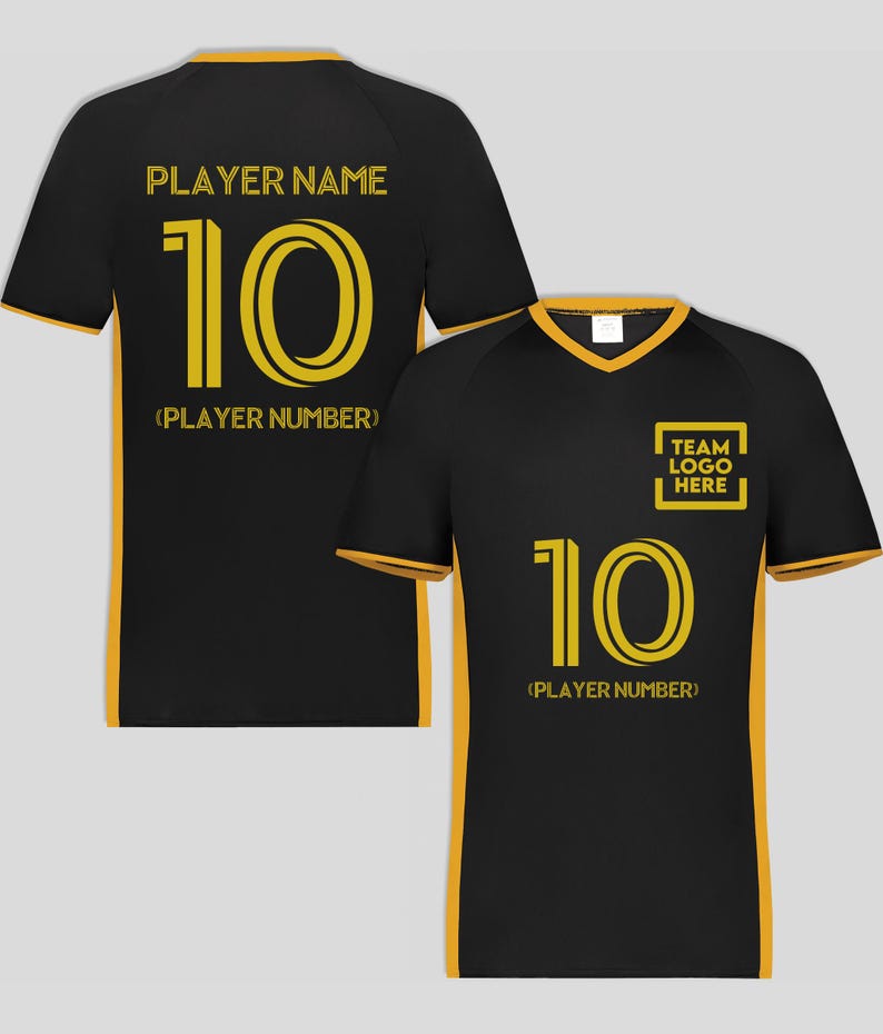 May include: Black and gold athletic jersey with the number 10 and the text "PLAYER NAME" on the back. The front of the jersey also displays the number 10, the text "(PLAYER NUMBER)", and a space for a team logo.