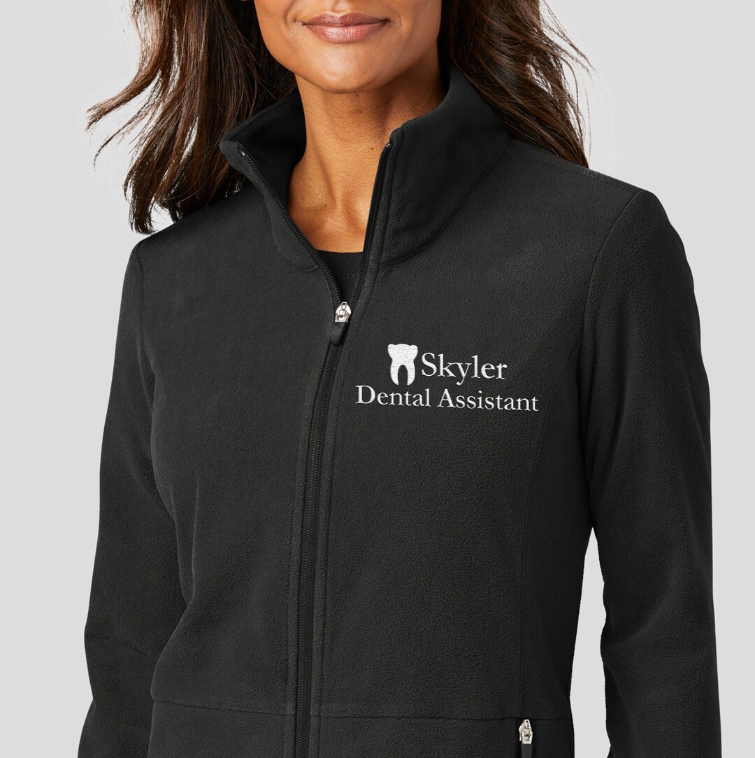 Personalized Dental Assistant Full Zip Jacket, Embroidered Mini Tooth Microfleece Jacket, Ladies