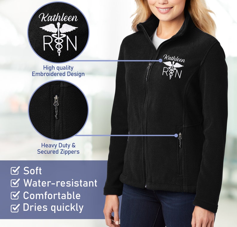 a woman wearing a black flee jacket with a medical symbol on it