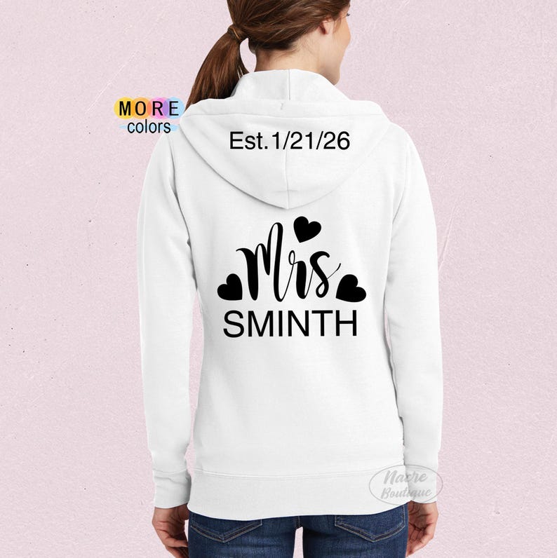 Bride Zip Up Hoodie, Mrs Zip Up Hoodie, Wife Hoodie, Personalized Mrs Hoodie, Honeymoon Hoodie, Bridal Sweatshirt, Wedding Hoodie image 4