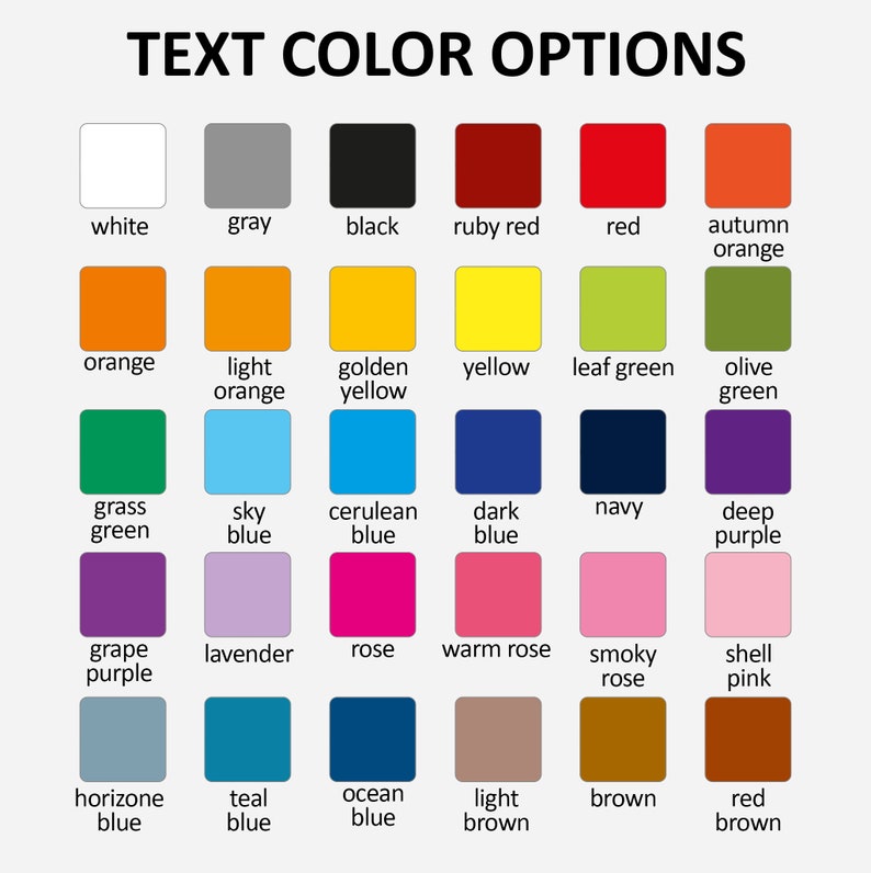 Puede incluir: Una tabla de 25 muestras de colores diferentes con el nombre de cada color escrito debajo de la muestra. Los colores incluyen blanco, gris, negro, rojo rub&iacute;, rojo, naranja de oto&ntilde;o, naranja, naranja claro, amarillo dorado, amarillo, verde hoja, verde oliva, verde hierba, azul cielo, azul cer&uacute;leo, azul oscuro, azul marino, morado oscuro, morado uva, lavanda, rosa, rosa c&aacute;lido, rosa ahumado, rosa concha, azul horizonte, azul turquesa, azul oc&eacute;ano, marr&oacute;n claro, marr&oacute;n y marr&oacute;n rojizo.