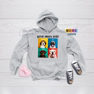 May include: A grey hooded sweatshirt with a graphic of four dogs in colourful squares. The text "YOUR IMAGE HERE" is above the graphic. The text "WHICH", "MY", "DOG", and "LOL" are in the squares with the dogs.