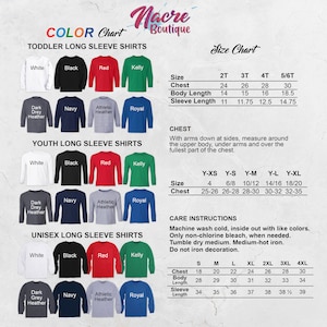 Pode incluir: Tabela de cores para camisetas de manga comprida para crian&ccedil;as pequenas, jovens e unissex. As cores dispon&iacute;veis incluem branco, preto, vermelho e verde kelly. Tabelas de tamanhos e instru&ccedil;&otilde;es de cuidados tamb&eacute;m est&atilde;o inclu&iacute;das. As camisetas est&atilde;o dispon&iacute;veis nos tamanhos 2T a 4XL.