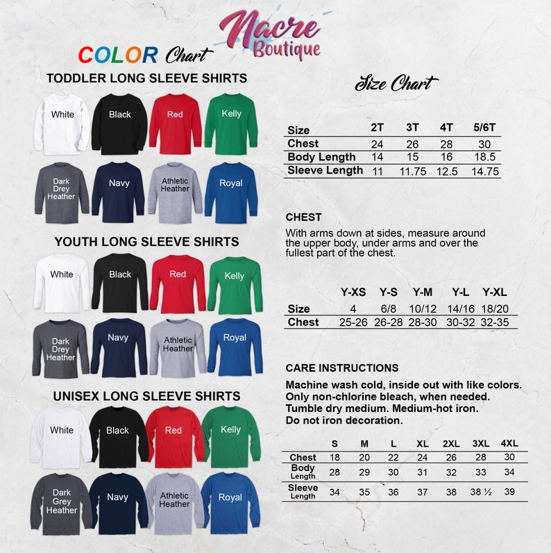 Pode incluir: Tabela de cores para camisetas de manga comprida para crian&ccedil;as pequenas, jovens e unissex. As cores dispon&iacute;veis incluem branco, preto, vermelho e verde kelly. Tabelas de tamanhos e instru&ccedil;&otilde;es de cuidados tamb&eacute;m est&atilde;o inclu&iacute;das. As camisetas est&atilde;o dispon&iacute;veis nos tamanhos 2T a 4XL.