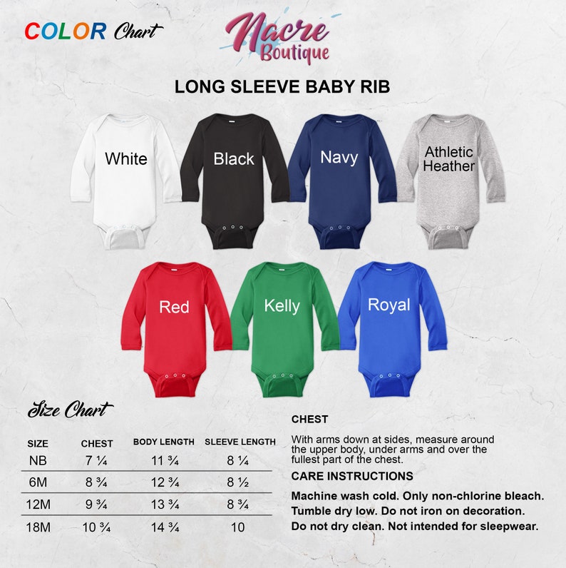 Pode incluir: Uma sele&ccedil;&atilde;o de bodies de manga comprida para beb&eacute; em v&aacute;rias cores, incluindo branco, preto, azul marinho, cinzento desportivo, vermelho, verde Kelly e azul royal. A imagem inclui uma tabela de tamanhos e instru&ccedil;&otilde;es de cuidado.