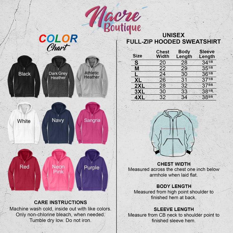 May include: Colour chart for unisex full-zip hooded sweatshirts. The chart shows 10 different colours of sweatshirts, including black, dark grey heather, athletic heather, white, navy, sangria, red, neon pink, purple, and a light blue colour. The chart also includes a size chart with chest width, body length, and sleeve length measurements in inches.