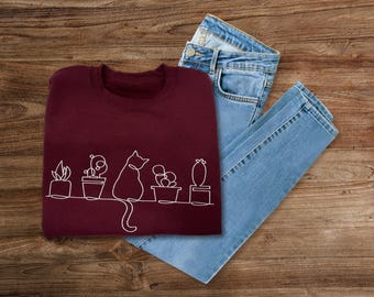 Sudadera con estampado de plantas y gatos, sudadera con bordado de líneas, sudadera con estampado de plantas suculentas, sudadera con cuello redondo bordada para jardineros, sudadera con estampado de gatos DT6104
