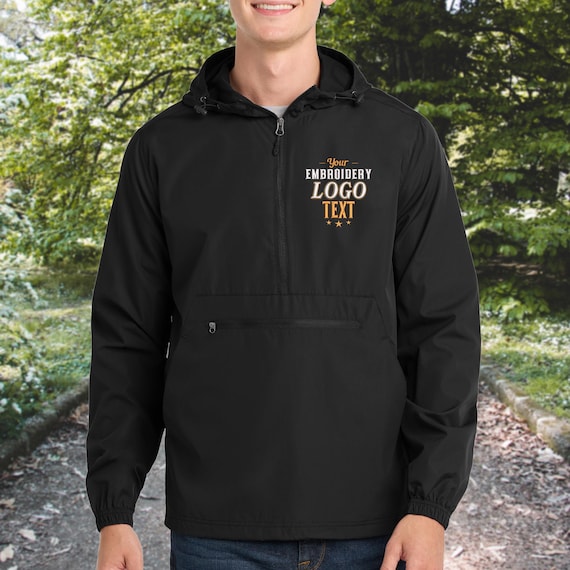 Custom Embroidered Packable Anorak Jacket, Embroidery Pullover Rain Jacket, Hooded Sport Jacket
