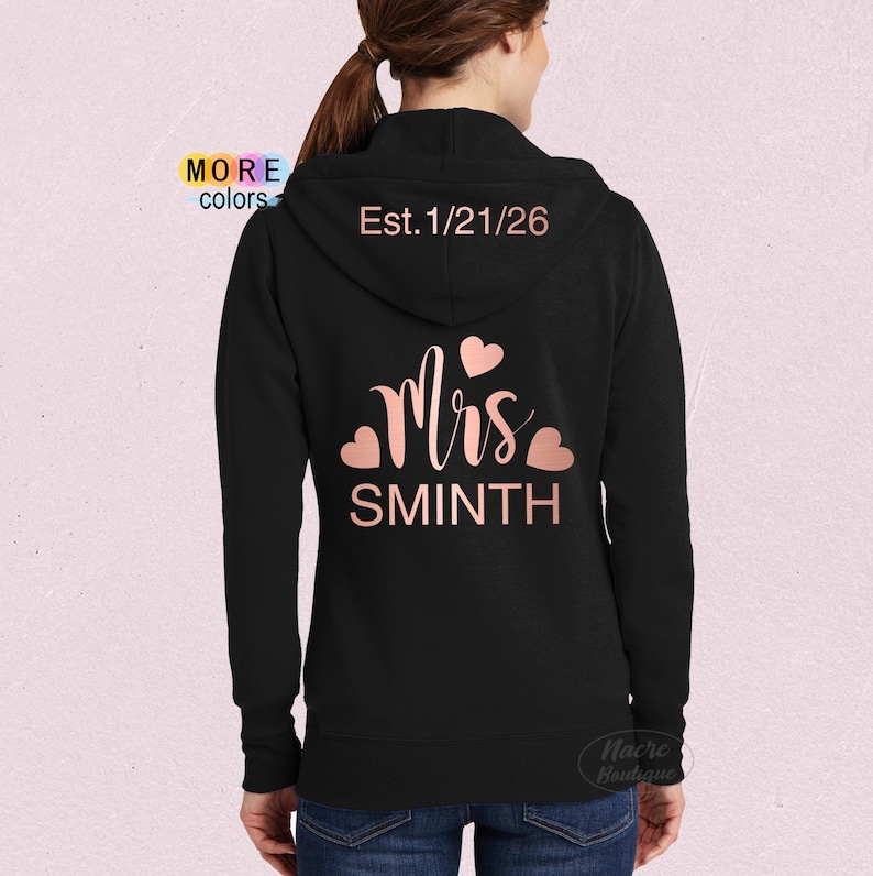Bride Zip Up Hoodie, Mrs Zip Up Hoodie, Wife Hoodie, Personalized Mrs Hoodie, Honeymoon Hoodie, Bridal Sweatshirt, Wedding Hoodie image 3