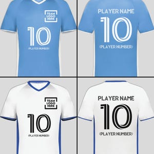May include: Four soccer jerseys, two in light blue and two in white. Each jersey has the number 10, the text "PLAYER NAME" and "TEAM LOGO HERE". The text "(PLAYER NUMBER)" is also visible.