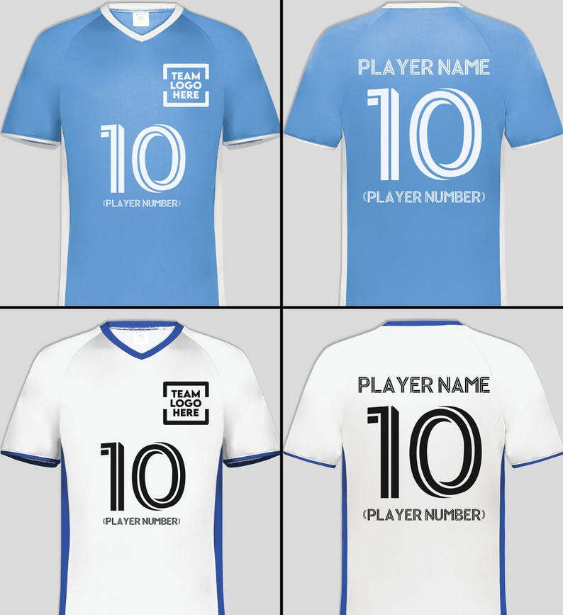 May include: Four soccer jerseys, two in light blue and two in white. Each jersey has the number 10, the text "PLAYER NAME" and "TEAM LOGO HERE". The text "(PLAYER NUMBER)" is also visible.