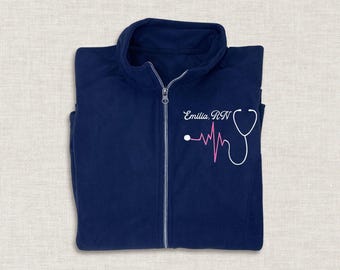 Custom Embroidered Nurse Fleece Jacket, Personalized Stethoscope Design Zip Up