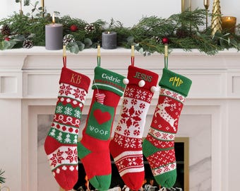 Personalized Knitted Christmas Stockings, Custom Christmas Stocking, Custom Family Christmas Stocking, Custom Embroidered Xmas Stocking
