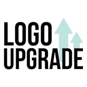 May include: Black and white text that reads "LOGO UPGRADE" with two light blue upward pointing arrows.
