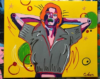 Jagger (Rock Star) Original Canvas Painting. Mid Century Modern, Colorful, Psychedelic, Eclectic, Expressive, Unique, Yellow Art | by Gusté