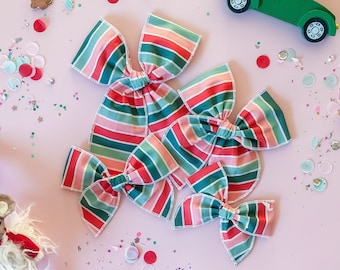 Christmas Hair Bow Pink, Green and Red Stripes