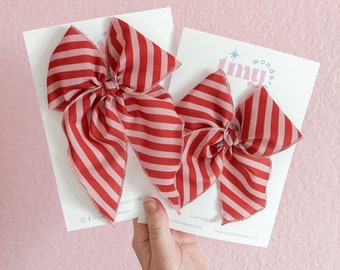 Christmas Hair Bow Muted Red and Pink Stripes