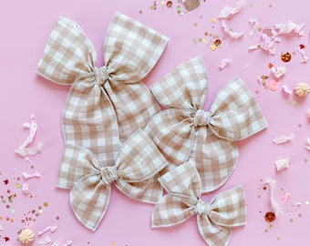 Fall Hair Bow Beige and White Gingham