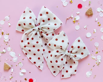 Christmas Hair Bow Red Polka Dots on White