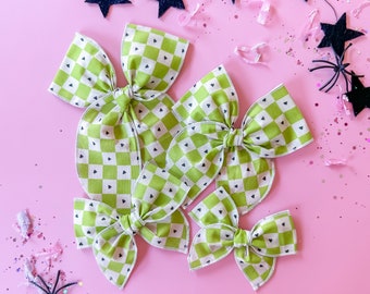 Halloween Fable Sailor Hair Bow Green Checkered with Hearts