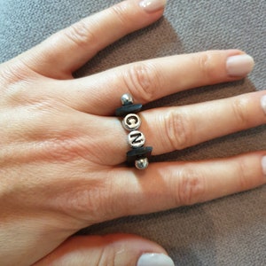 Black ring, ring one of a kind, DIY ring metallic letters