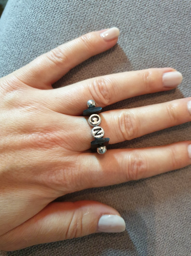 Black ring, ring one of a kind, DIY ring metallic letters