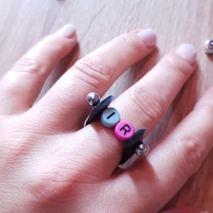 Black ring, ring one of a kind, DIY ring colored letters