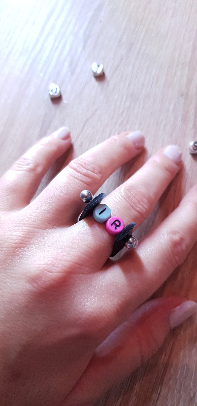 Black ring, ring one of a kind, DIY ring colored letters