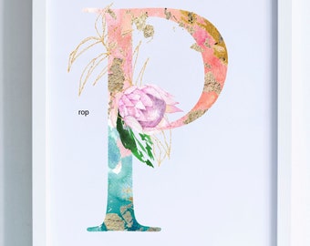 Letter P Print, Tropical Pastel Beach Floral Alphabet Printable Monogram Letter P Initial, Digital Download Letter P Wall Decor, Art Print