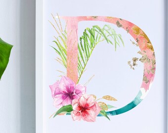 Letter D Print, Tropical Pastel Beach Floral Alphabet Printable Monogram Letter D Initial, Digital Download Letter D Wall Decor, Art Print