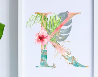 Letter K Print, Tropical Pastel Beach Floral Alphabet Printable Monogram Letter K Initial, Digital Download Letter K Wall Decor, Art Print