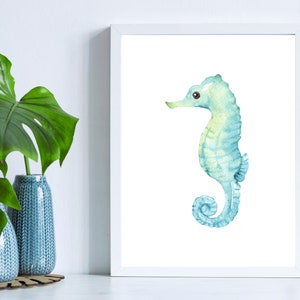 Sea Horse Watercolor Print, Seascape Turquoise Home Decor, Nautical Wall Art