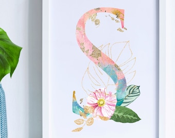 Letter S Print, Tropical Pastel Beach Floral Alphabet Printable Monogram Letter S Initial, Digital Download Letter S Wall Decor, Art Print