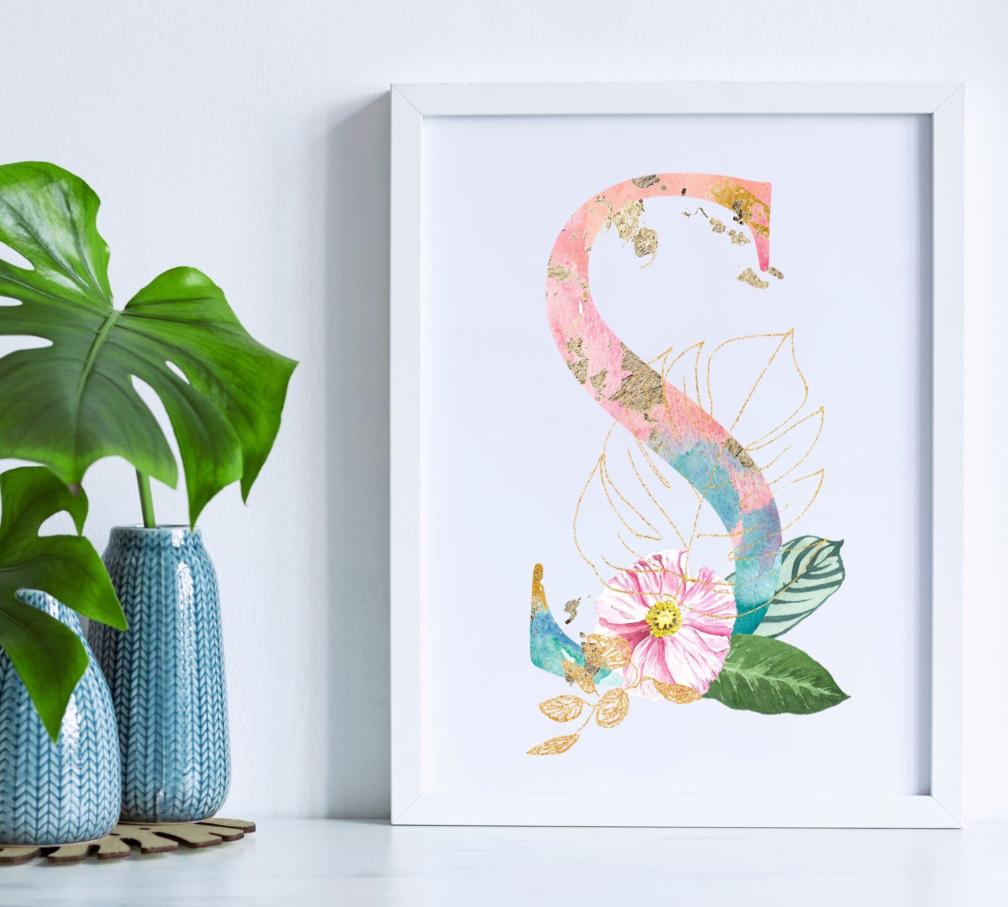 Letter S Print, Tropical Pastel Beach Floral Alphabet Printable