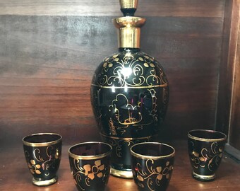 Amethyst Glass Decanter with 4 Shot Glasses