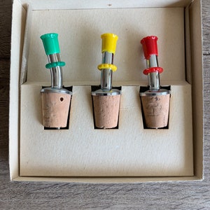 Vintage Bottle Pourer Corks with Red, Green and Yellow Tops