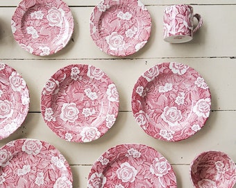 Victorian Chintz Staffordshire Burleighware Pink Transferware Plates Bowls