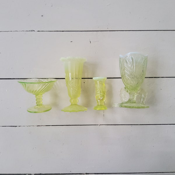 Vaseline Glass Candle Holder, Butter Dish, Compote, Uranium Glass