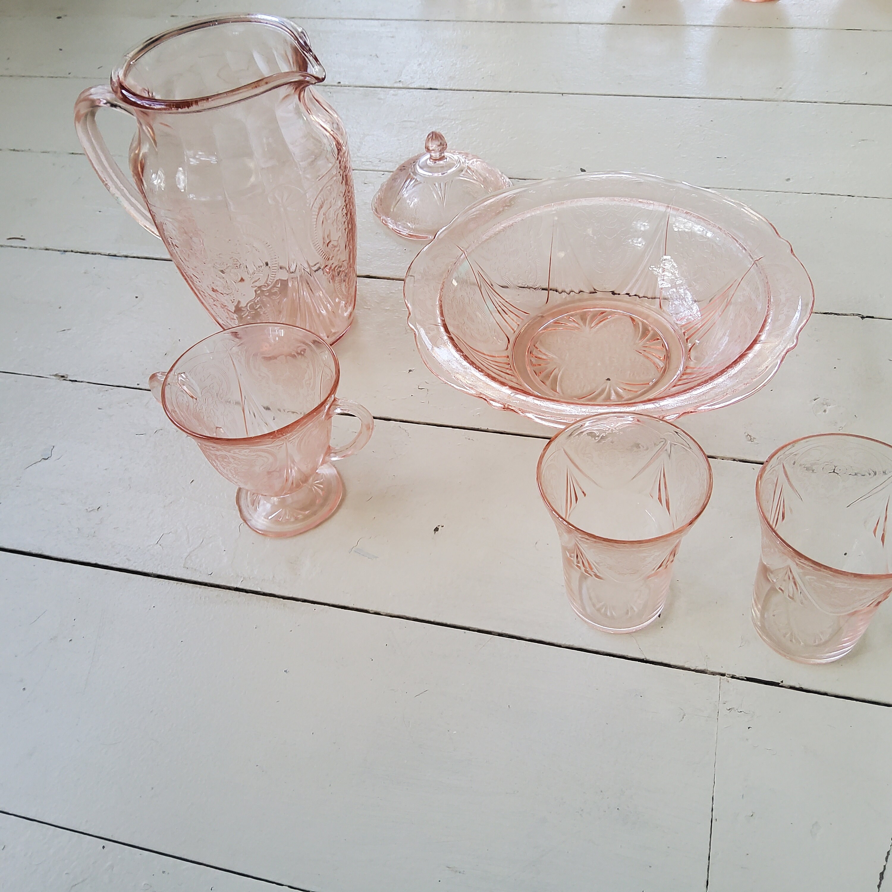 Royal Lace Hazel Atlas Pink Depression Glass - Tumblers, Pitcher