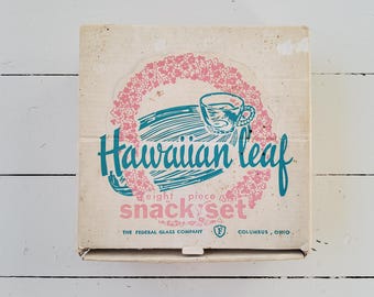 Hawaïaanse bladsnackset dienbladen en kopjes Mid Century Federaal glas in doos