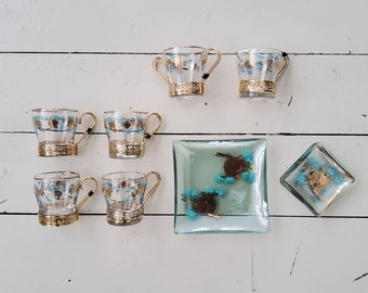 Libbey David Douglas Turquoise Gold Pinecone -  Mugs, Cream/Sugar, Plates - Sold Separately