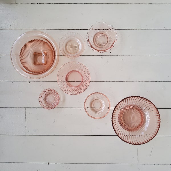 Pink Depression Glass Bowls in Various Patterns