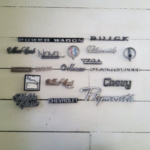 Può includere: Una collezione di emblemi di auto d'epoca, tra cui "Power Wagon", "Buick", "Monte Carlo", "Nova", "Oldsmobile", "Vega", "Le Mans", "350", "Monaco", "Plymouth", "Malibu Classic" e "Chevrolet". Gli emblemi sono in varie finiture metalliche.